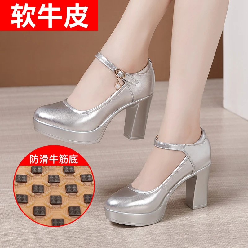 白色百搭旗袍超高跟走秀鞋女士防滑厚底防水圆头软底粗跟单鞋大码