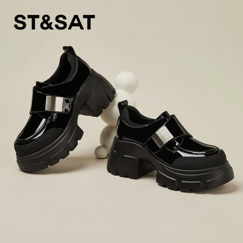 星期六真皮厚底乐福鞋女鞋2025新款秋季英伦风单鞋漆皮高跟小皮鞋