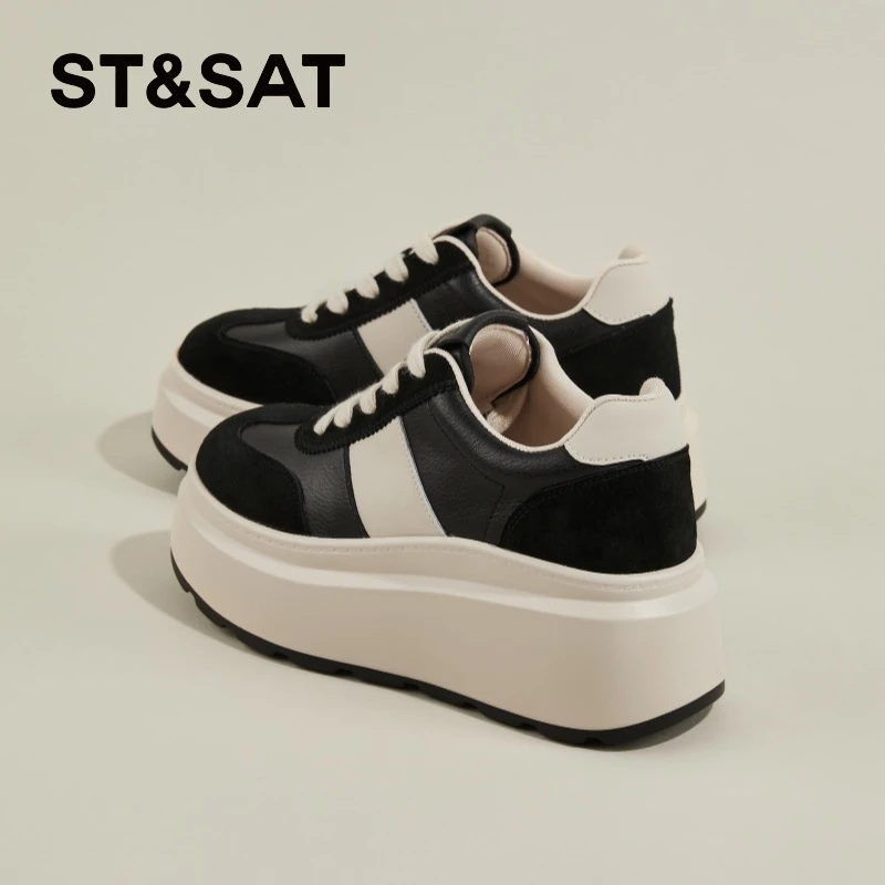 星期六真皮复古德训鞋女款2025春秋新款厚底增高板鞋小个子松糕鞋