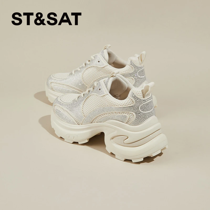 星期六7cm厚底老爹鞋女2024夏季新款轻奢水钻透气网面运动休闲鞋
