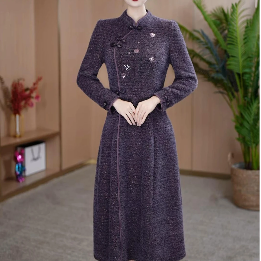 【宸紫女装】24175秋冬穿搭旗袍连衣裙精致女人收腰中长款显瘦