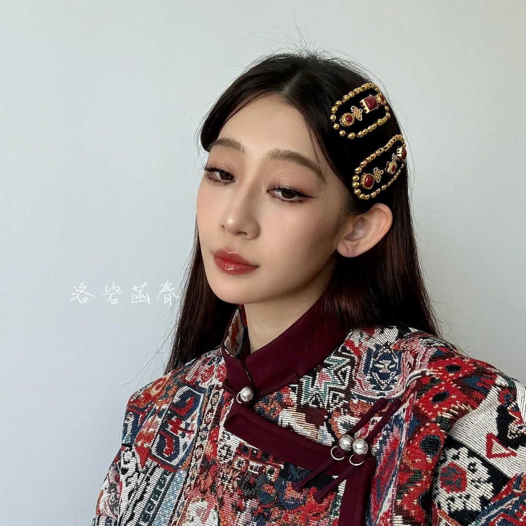 洛岩菡春新款纯手缝高端重工古法合金民族发卡