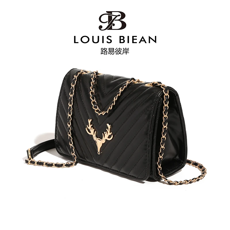 Louisbiean路易彼岸小鹿新款菱格链条单肩斜跨包高级质感9081黑色