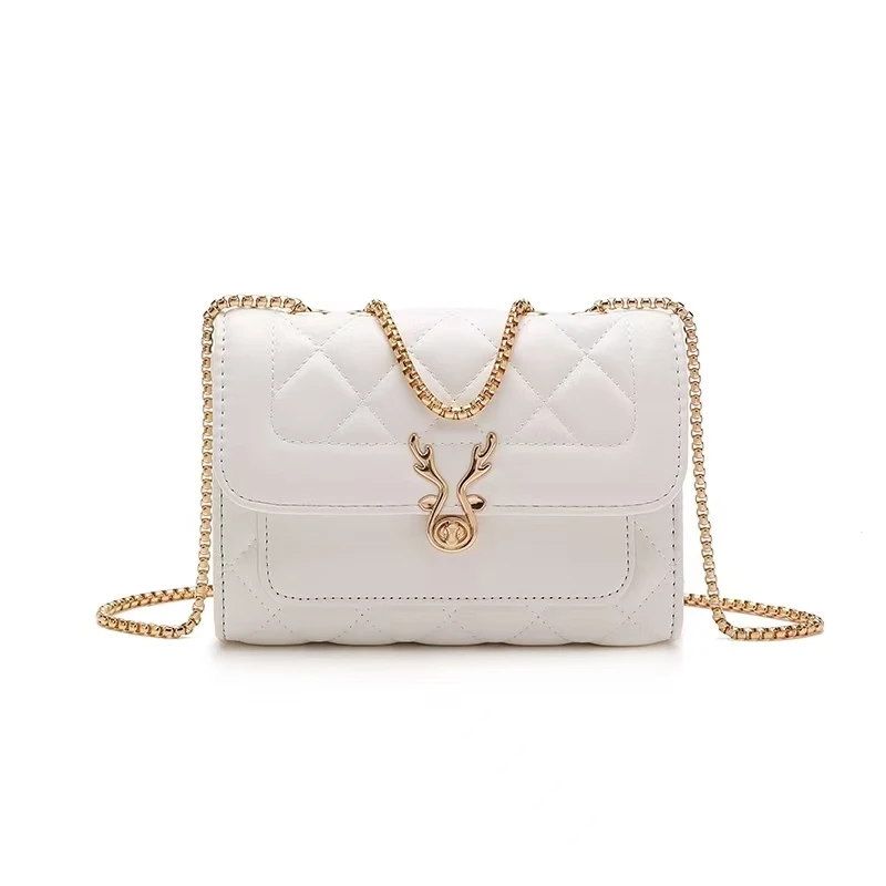 小鹿时尚百搭菱格小方包链条包单肩包斜挎包906白色