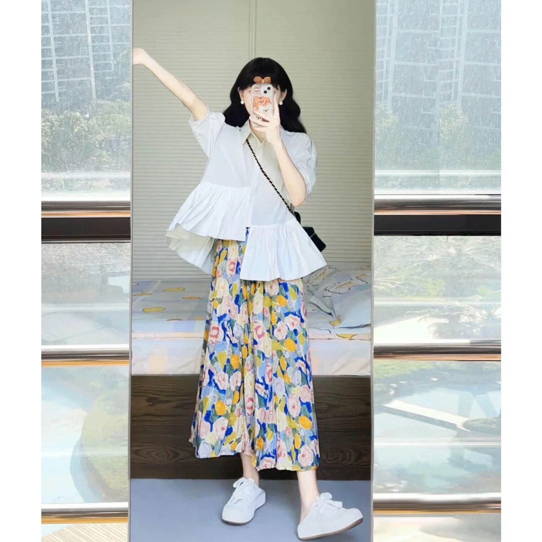 大码女装法式不规则衬衫微胖穿搭韩版宽松显瘦碎花半身裙两件夏