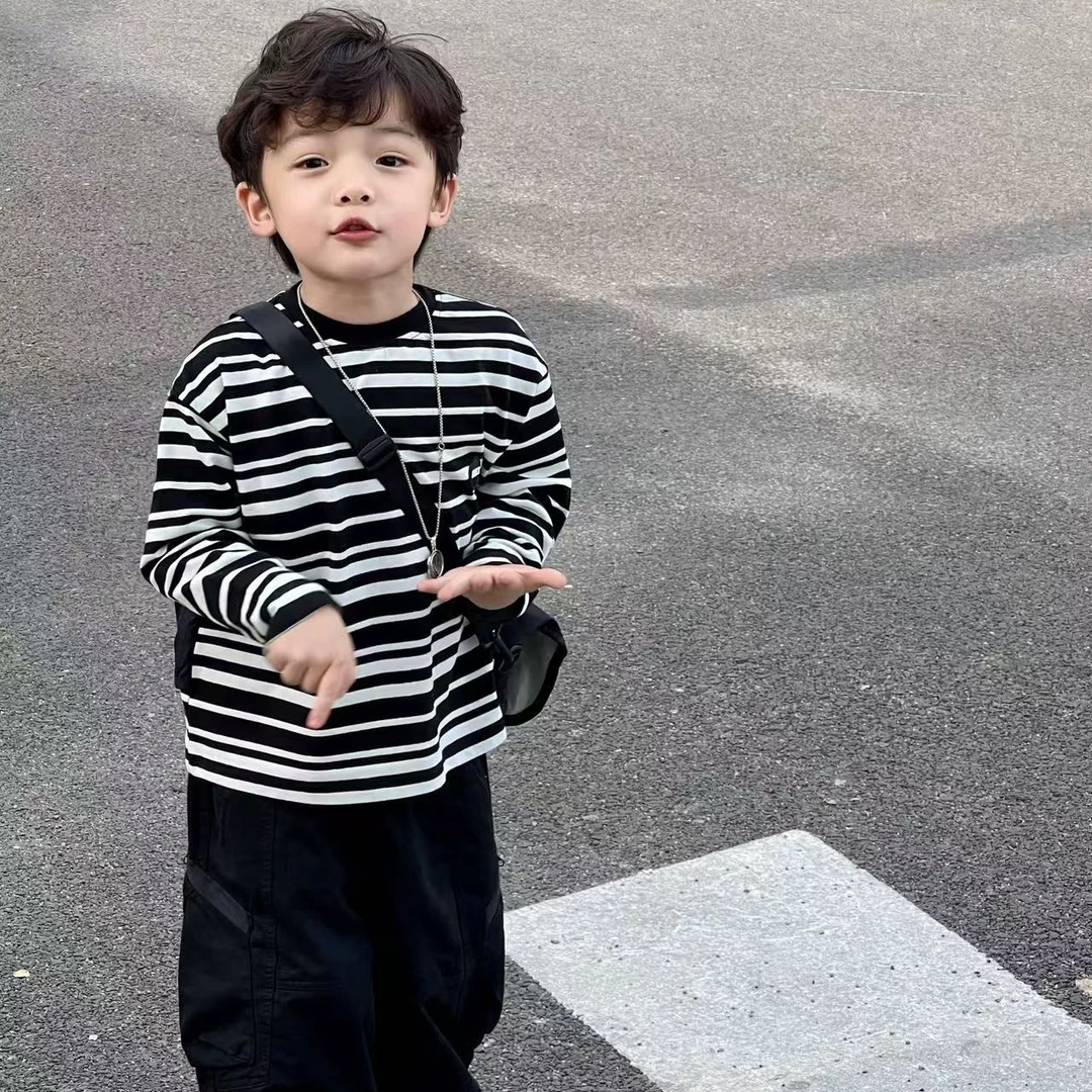男童春秋黑白条纹长袖t恤2025年儿童秋装休闲条纹上衣打底衫女宝
