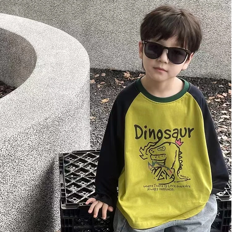 儿童春秋恐龙字母印花上衣男童秋装潮流百搭洋气长袖t恤宝宝秋季