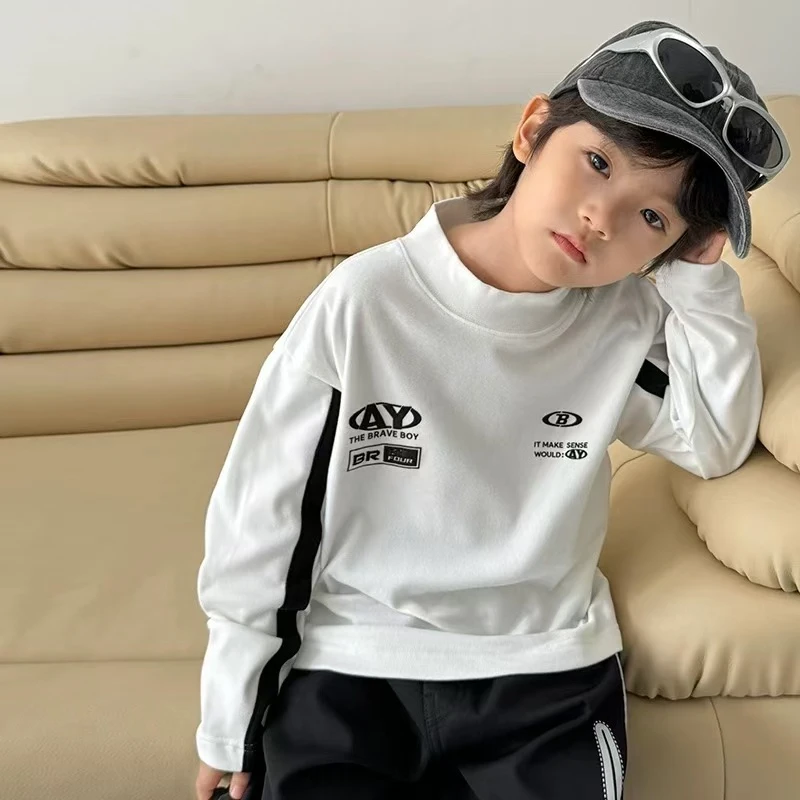 儿童秋冬德绒打底衫男女童半高领百搭长袖磨毛t恤中小童休闲上衣