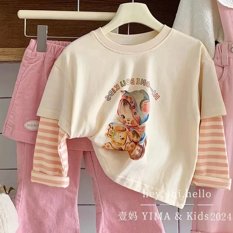 女童休闲长袖T恤秋季2024年小女孩春秋洋气假两件猫咪印花上衣ins