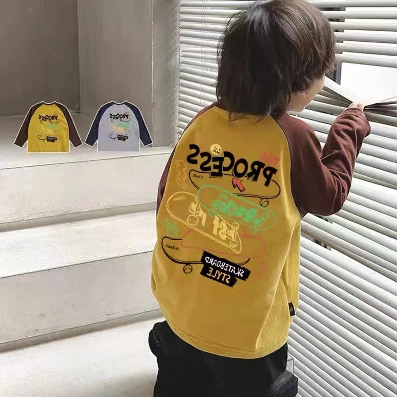 儿童撞色长袖t恤2024春秋新款男女童秋装洋气插肩印花上衣打底衫