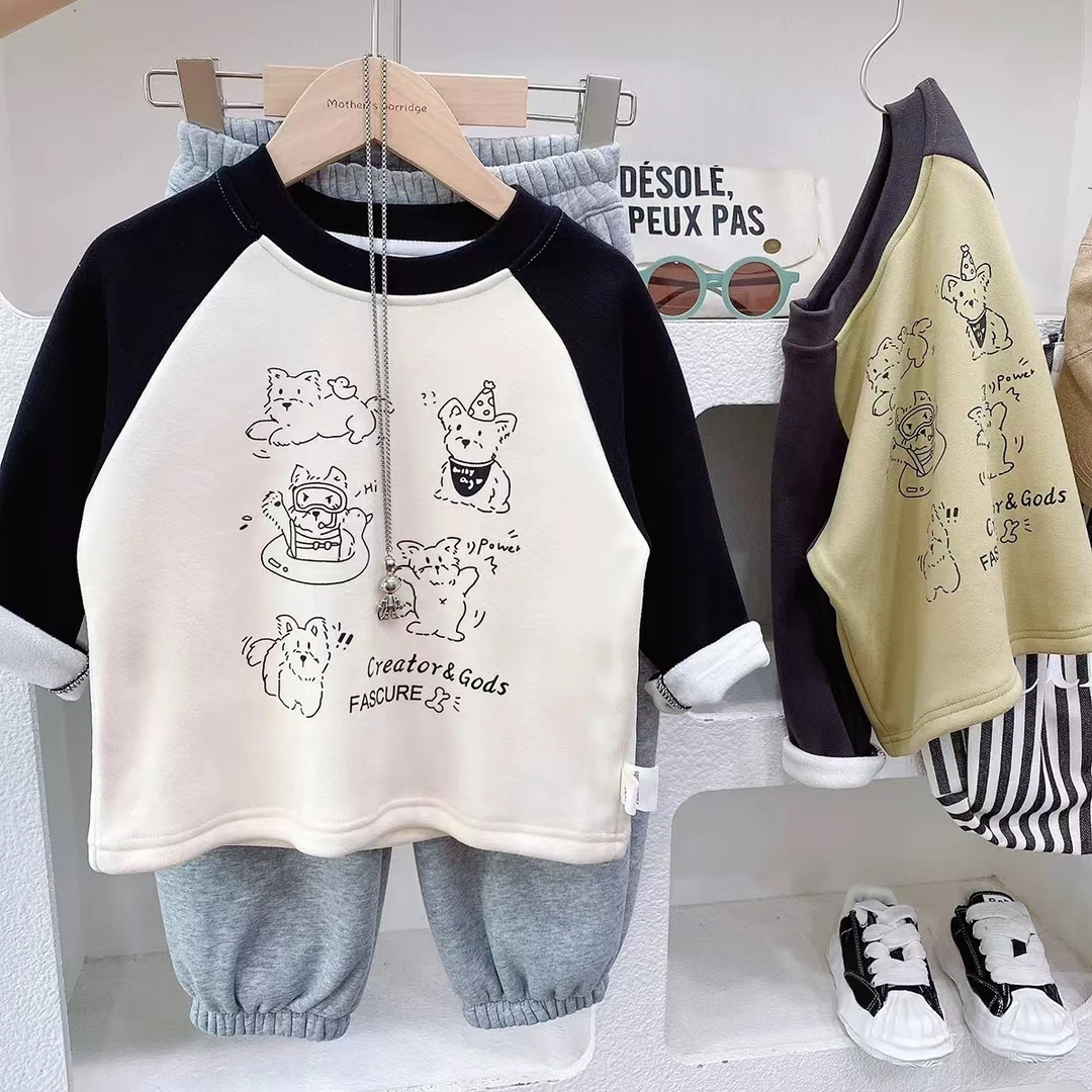 儿童秋冬新款德绒长袖t恤男女童冬季拼接撞色趣味卡通上衣打底衫