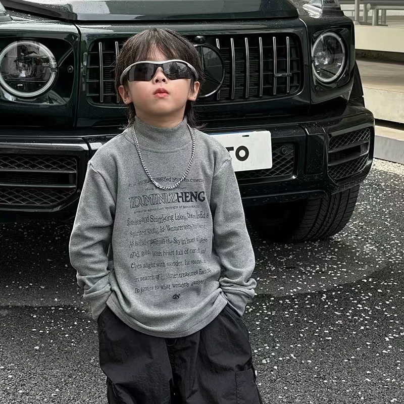 儿童秋冬德绒休闲字母长袖上衣男宝宝保暖酷帅打底衫中小童洋气潮