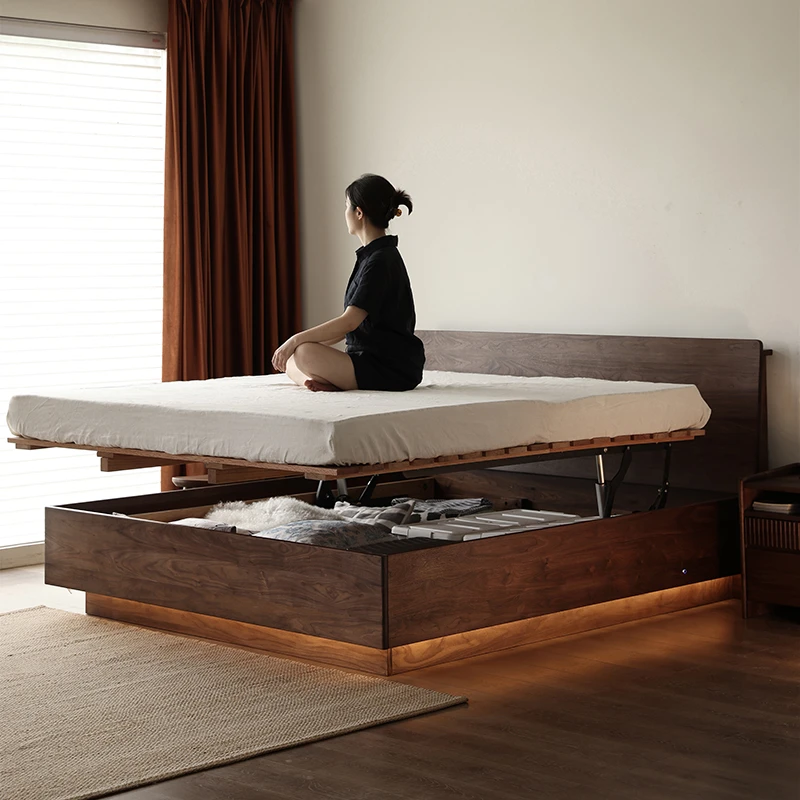 北美黑胡桃木全实木复古电动箱体气压高箱储物床主卧1.8米双人床