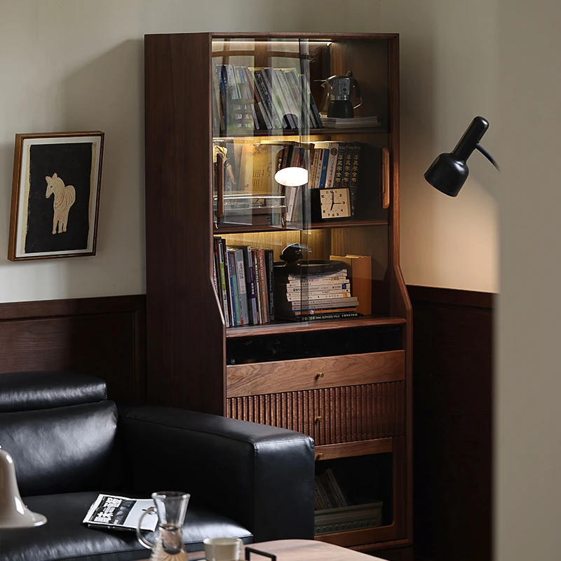 北美黑胡桃木书柜复古风客厅手办展示柜防尘收纳储物柜电视柜边柜