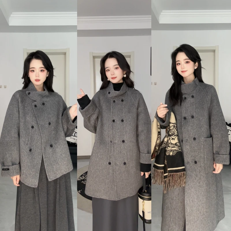 【新粉必备】韩系大女主立领时尚双排扣短款宽松双面羊毛大衣中长款