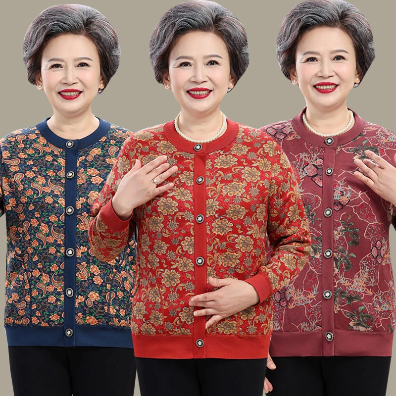 新品老年人加厚加绒双层保暖内衣老太太宽松上衣女士开衫奶奶装冬