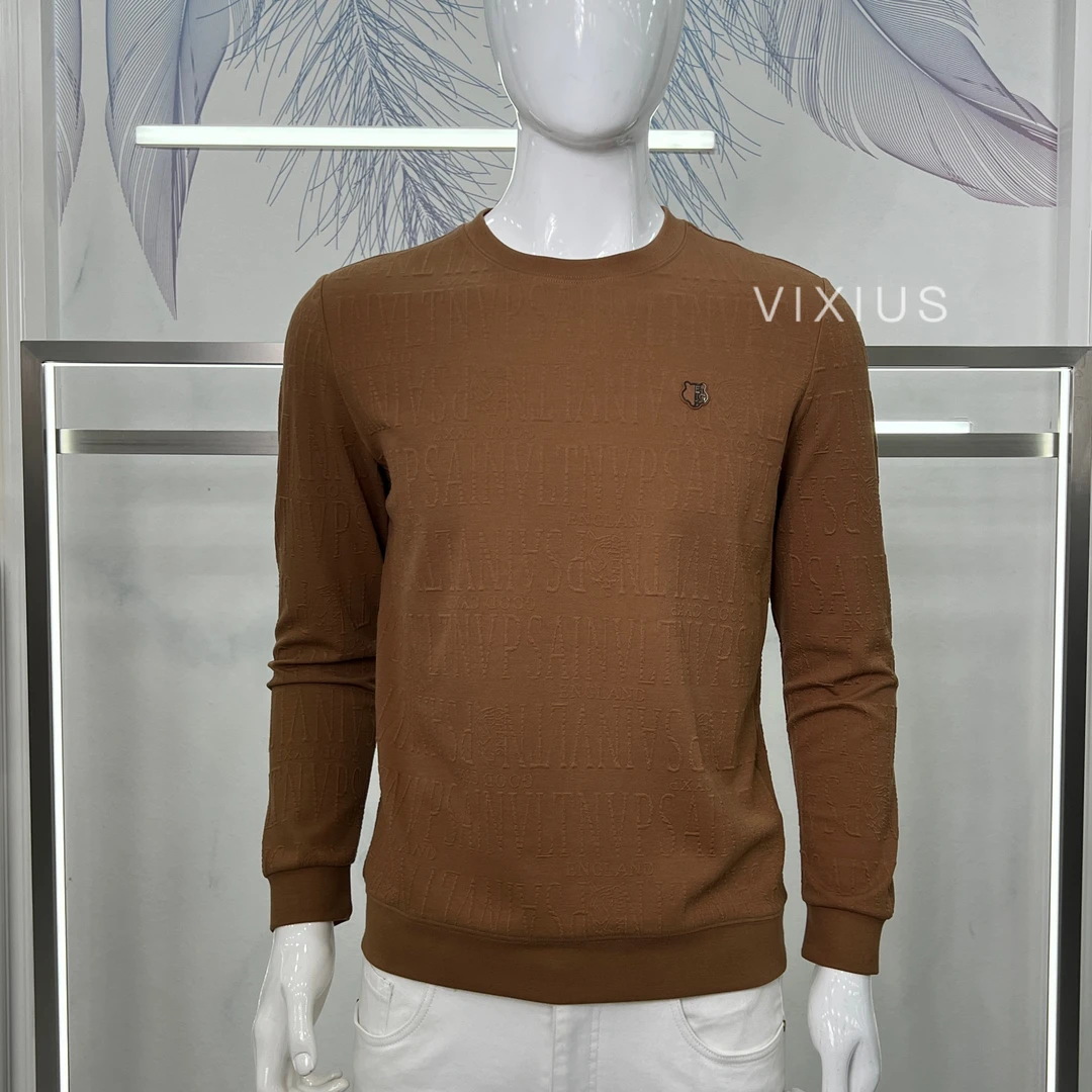 VIXIUS/维哲秋季时尚薄款男士百搭休闲植绒字母长袖圆领T恤#V95