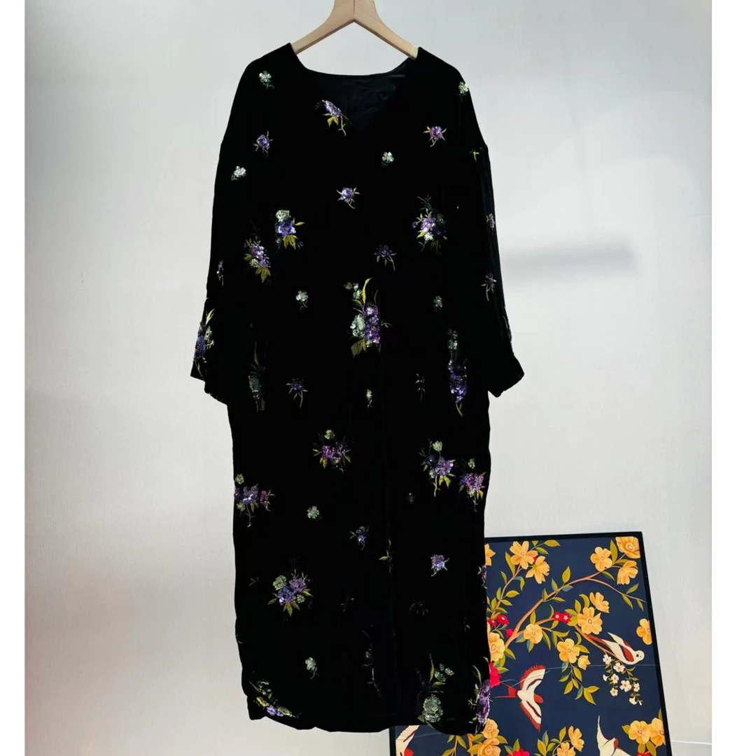 《可可西里》新款气质桑蚕丝真丝丝绒连衣裙女装20243018