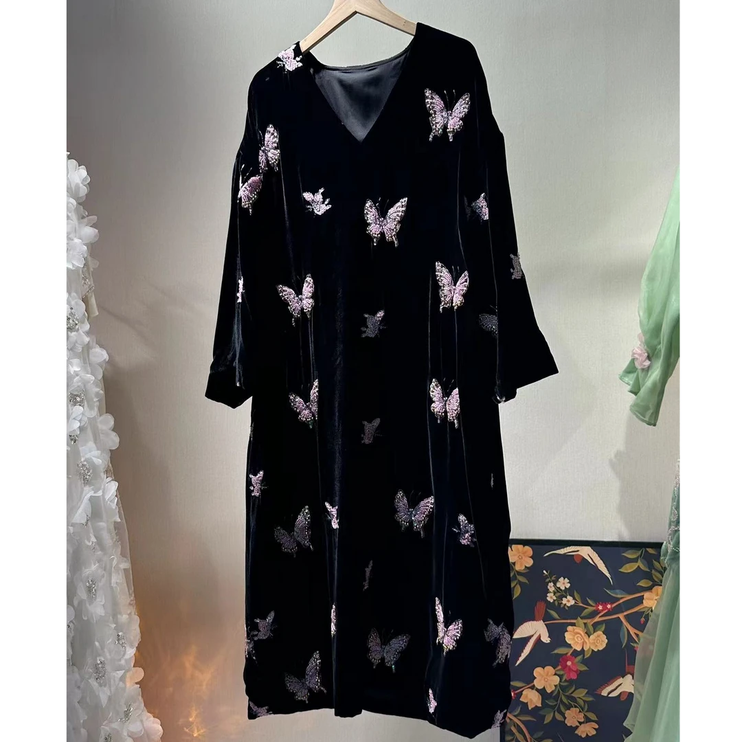 《蝴蝶飞飞》新款气质桑蚕丝真丝丝绒连衣裙女装20243031