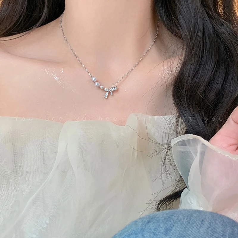 钛钢项链 精致百搭贝珠蝴蝶结项链女轻奢高级气质甜美时尚锁骨链