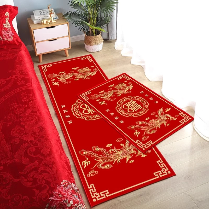 中式结婚大门口地垫主卧水晶绒喜庆喜字垫红色地毯出入平安新款