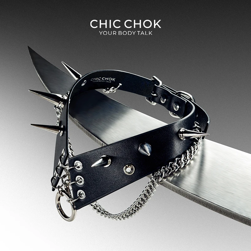 CHICCHOK原创真皮项圈choker朋克暗黑风尖刺颈圈颈链