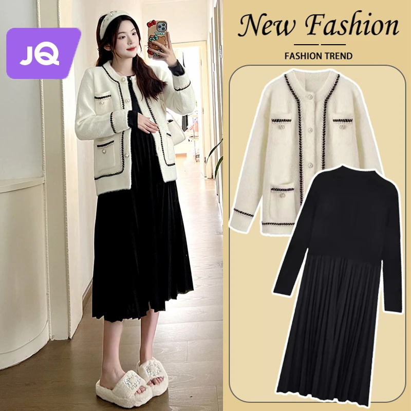 婧麒秋季小香风时尚宽松外套连衣裙孕妇套装秋冬装百褶小黑裙外穿