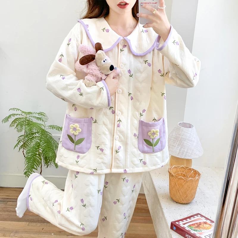 婧麒月子服春秋冬季产后哺乳喂奶睡衣两件套怀孕家居服套装厚款