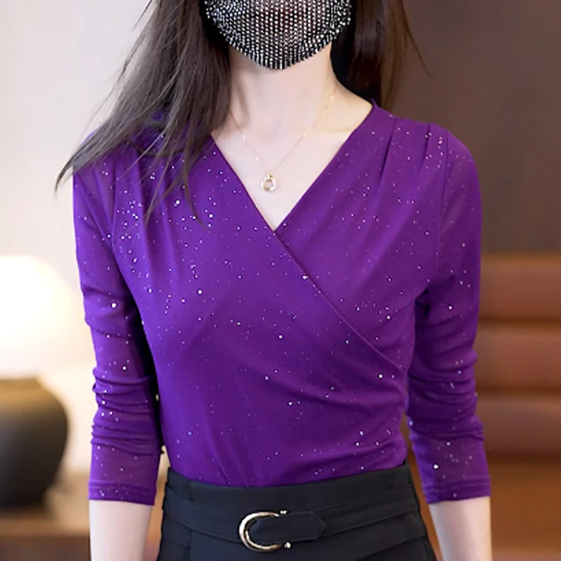 2025款内搭长袖气质弹力网纱上衣洋气V领打底衫新款秋季高端小衫