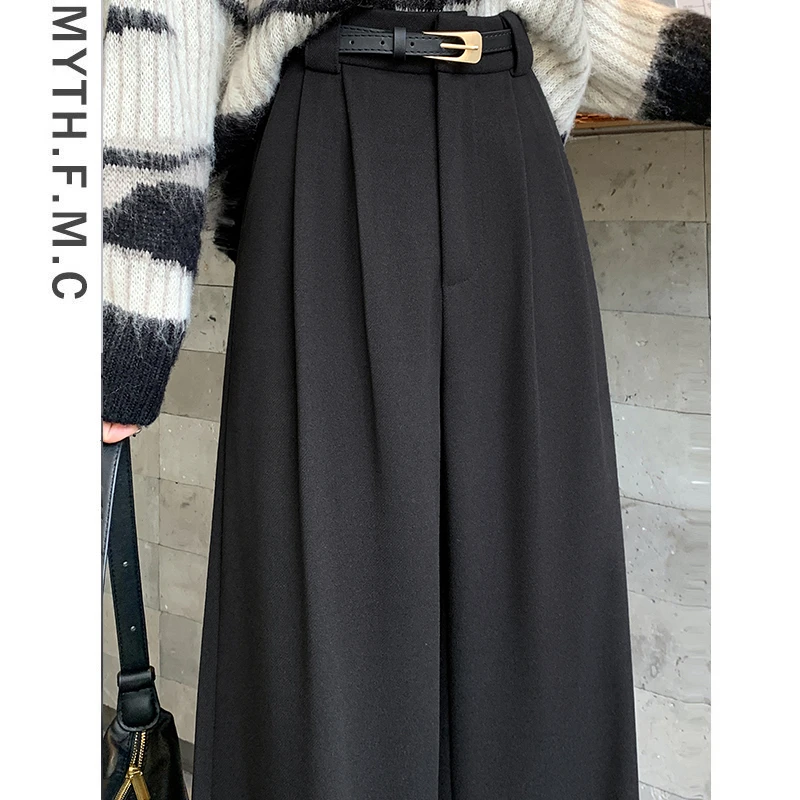 黑色高级感毛呢西装裤子女秋冬季2024新款高腰宽松直筒窄版阔腿裤