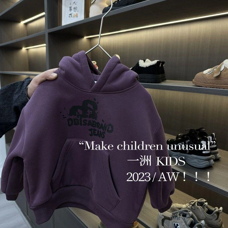 冬季洋气童装男女童紫色加绒连帽卫衣中小儿童潮款加厚一体绒上衣