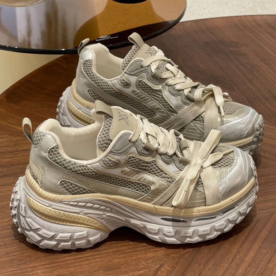 增高5cm网红时尚百搭厚底老爹鞋2024新款复古擦色休闲运动女鞋