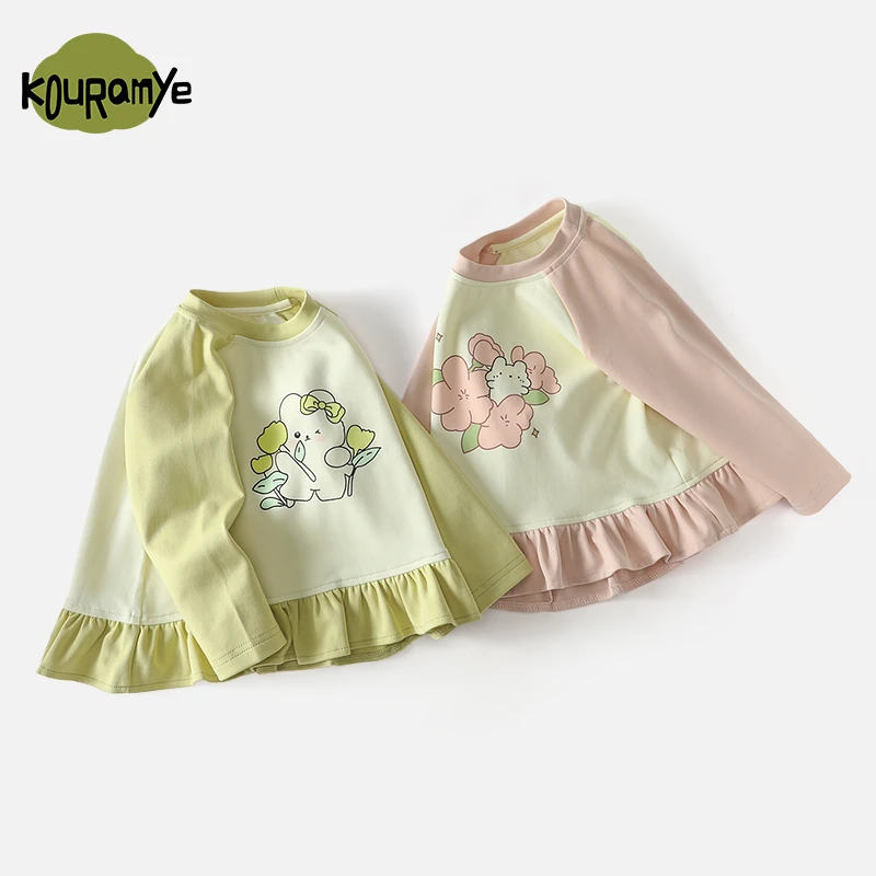 酷娃米2024年秋季新款中小女童舒适百搭花边花朵印花T恤20607