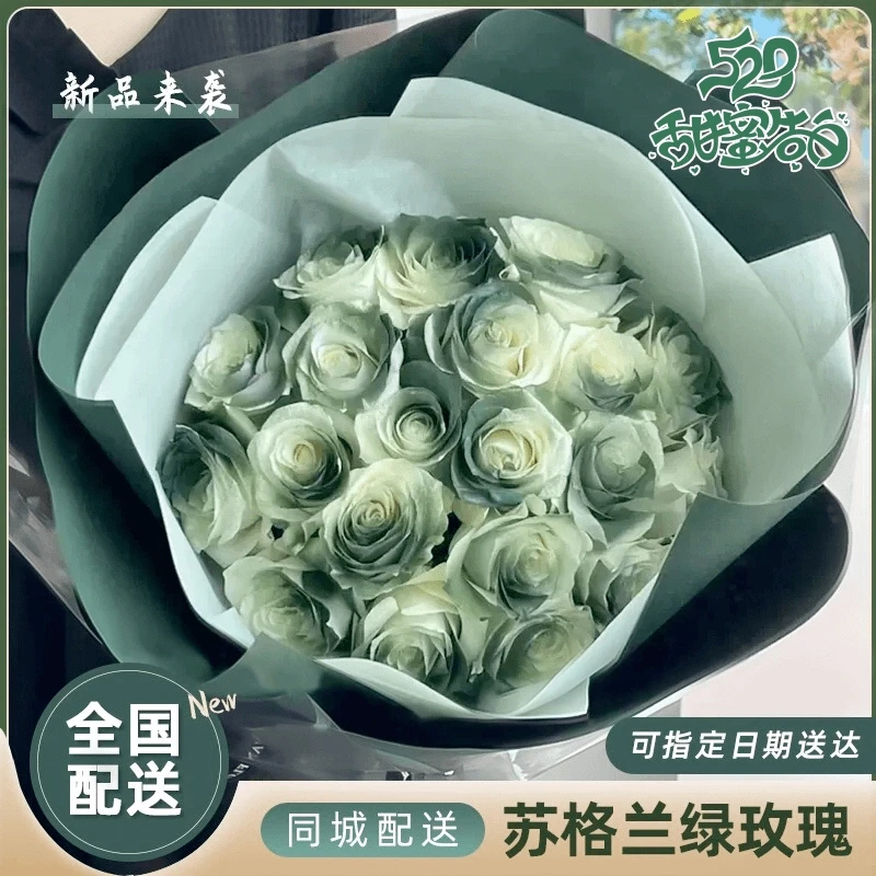 七夕情人节礼物苏格兰绿玫瑰鲜花花束直播间订购全国同城配送茉莉
