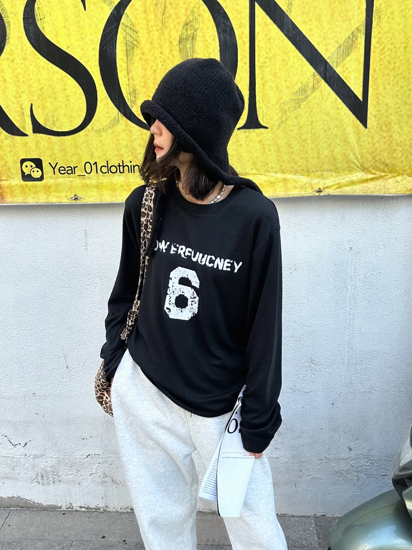 圆领数字6印花T打底秋冬时尚ins慵懒风小众宽松韩版长袖