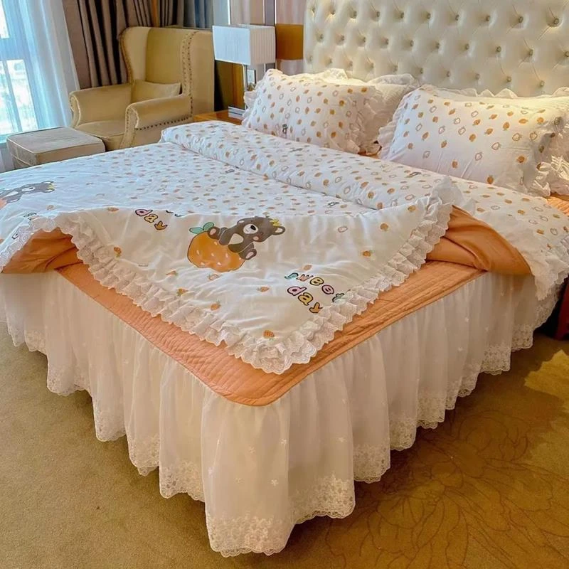 A类公主风夹棉纯棉四件套床裙床罩四季通用韩式花边蕾丝全棉床罩