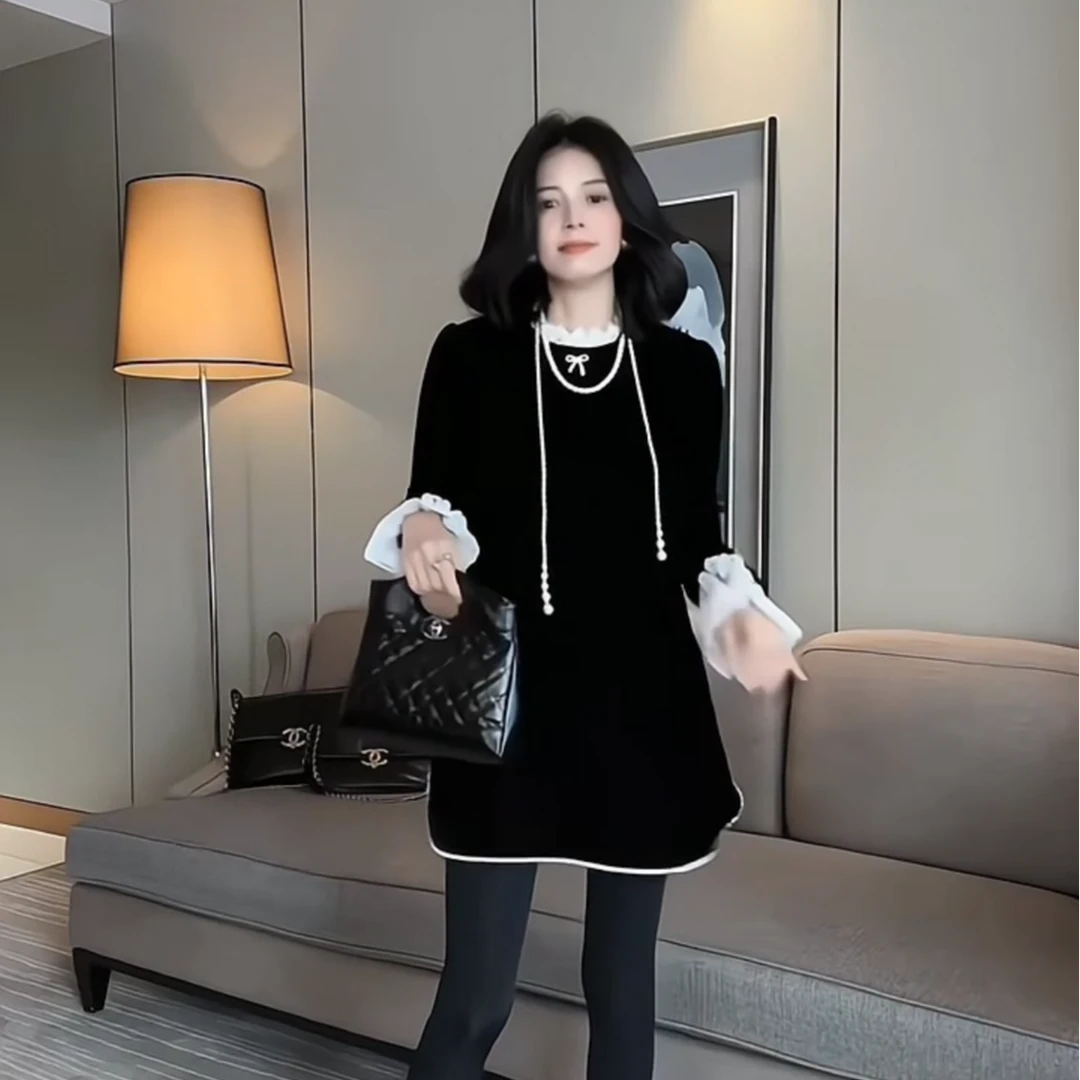 法式蕾丝金丝绒洋气连衣裙2024新款贵气时尚百搭连衣裙