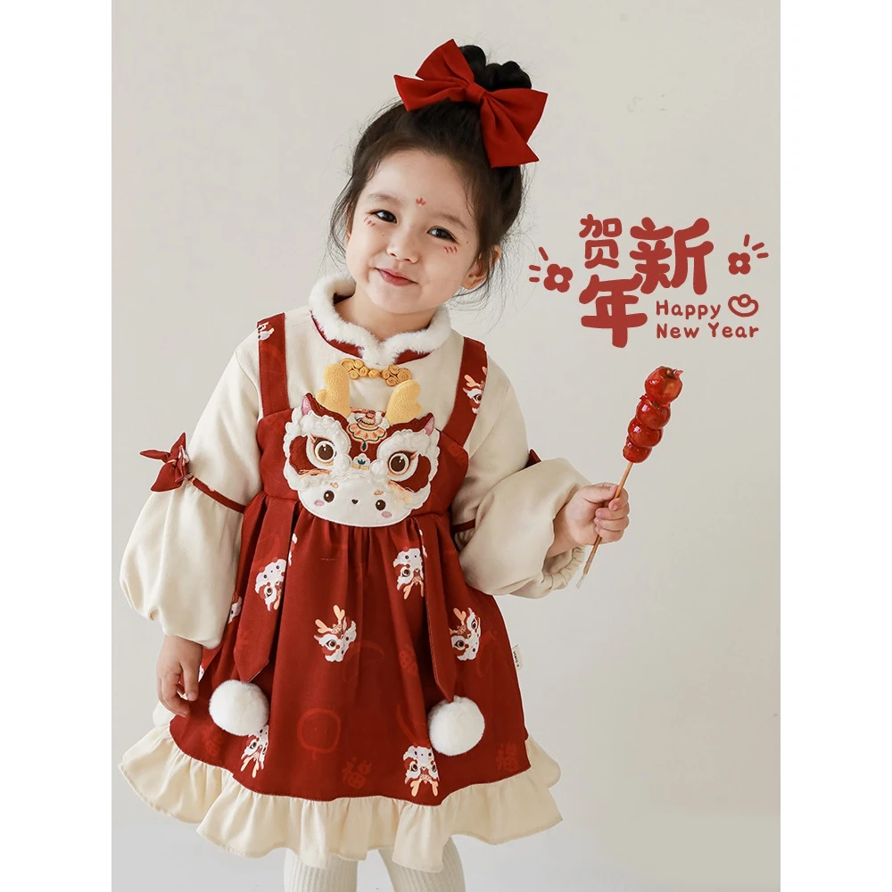 女童拜年服可爱龙娃新年服连衣裙冬季新款儿童中国风保暖裙子女宝