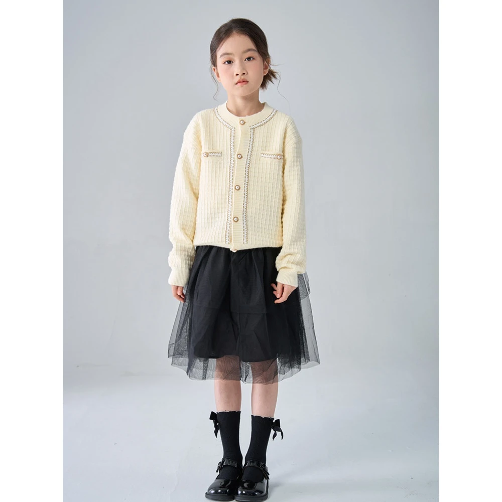 女童小香风针织开衫2023春秋装新款中大童小女孩洋气儿童毛衣外套