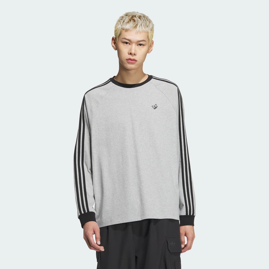 ADIDAS 3-STRIPE TEE苏翊鸣合作款纯棉运动宽松长袖T恤灰色JG1513