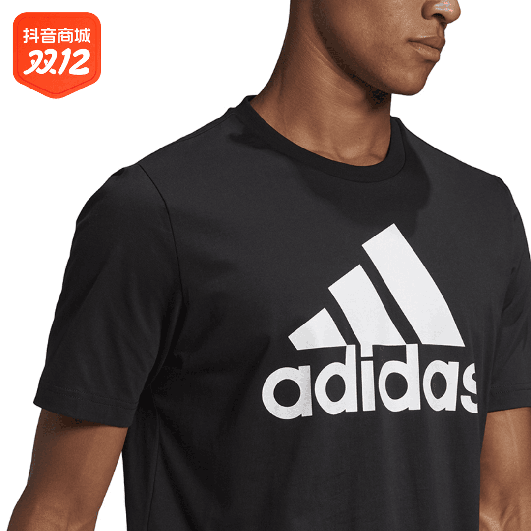 Adidas 男子夏季时尚经典印花Logo圆领黑色休闲短袖T恤GK9120