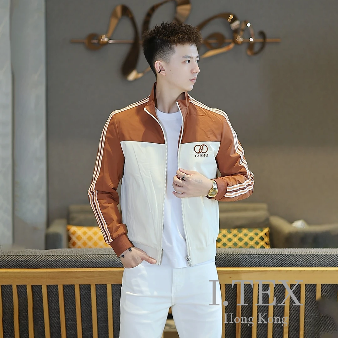 GUGHJ/秋季新款男士欧货潮流立领高端时尚休闲百搭拼色夹克外套