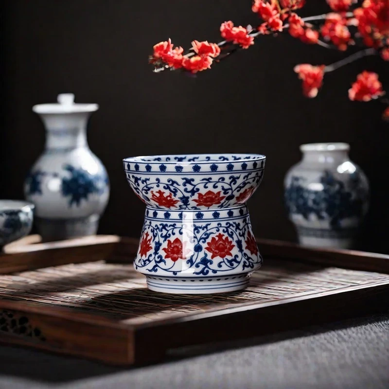 景德镇青花瓷青花釉里红缠枝莲茶漏陶瓷茶具配件茶滤茶隔全瓷一体