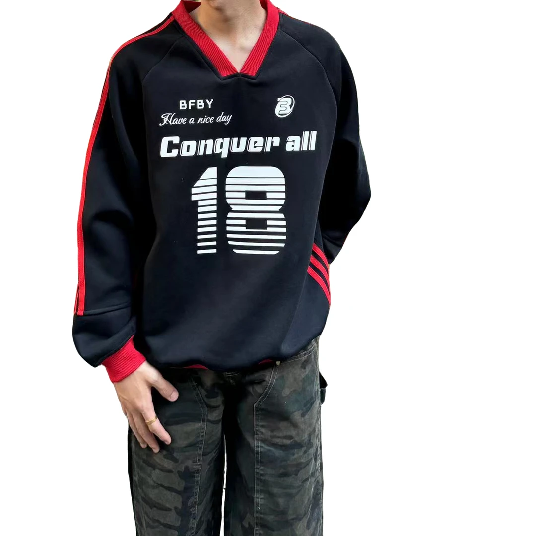 美式v领卫衣立体印花情侣装男女秋季重磅长袖时尚休闲秋冬百搭