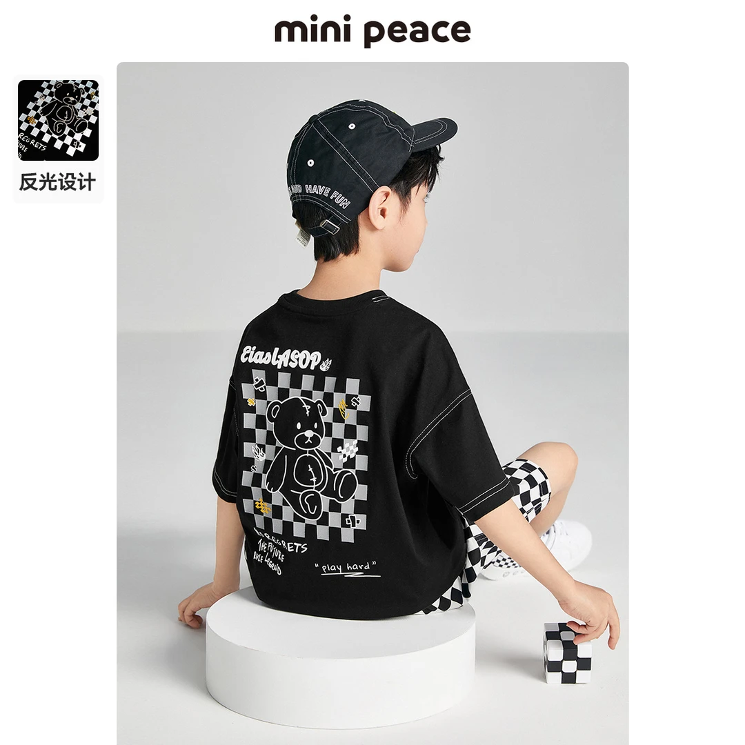 MiniPeace太平鸟童装夏季新款男童短袖T恤小熊棋盘格宽松休闲时尚