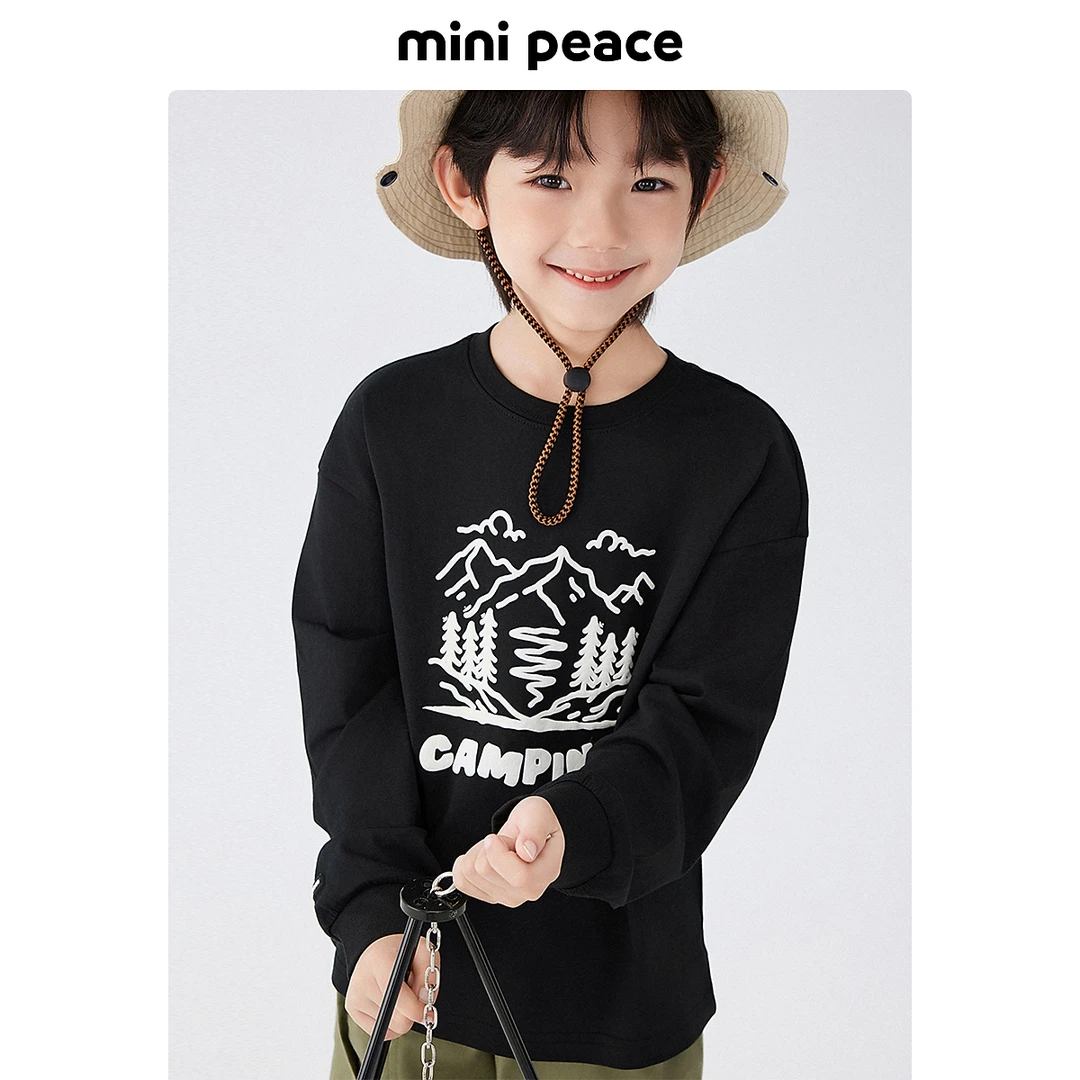 MINIPEACE太平鸟童装男童长袖T恤儿童黑色内搭打底衫秋新款山系
