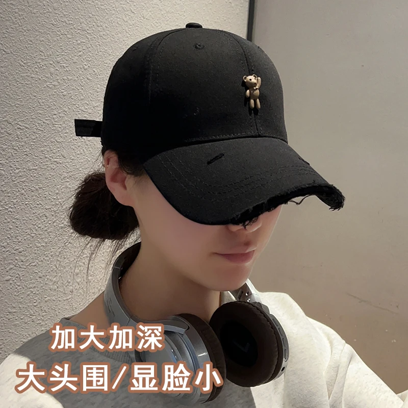 春夏破洞宽帽檐显脸小熊标棒球帽女韩版时尚硬顶鸭舌帽遮阳防晒帽