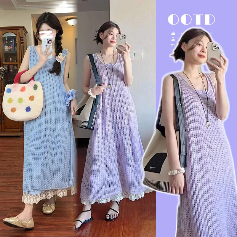 孕妇装夏装连衣裙时尚气质氛围感套装针织洋气无袖吊带裙两件套