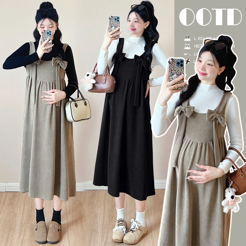 孕妇装秋冬法式连衣裙甜美蝴蝶结孕妇连衣裙设计感减龄显瘦背带裙