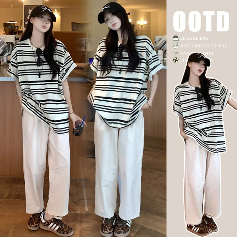 孕妇装夏装时尚气质显瘦条纹茶系上衣休闲减龄百搭孕妇薄款九分裤